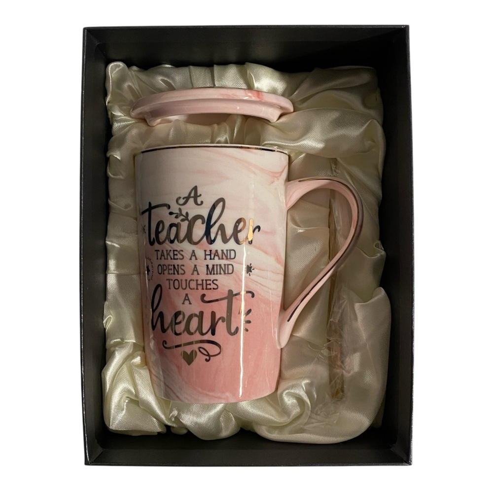 Teacher Appreciation Gift 14oz Pink Marble Ceramic Coffee Mug Gold Print New Box